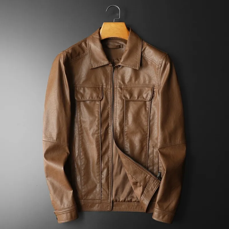 

Men's Black Genuine Leather Jacket Sheepskin Lapel Handsome Outerwear for Spring Autumn motorcycle leather jacket