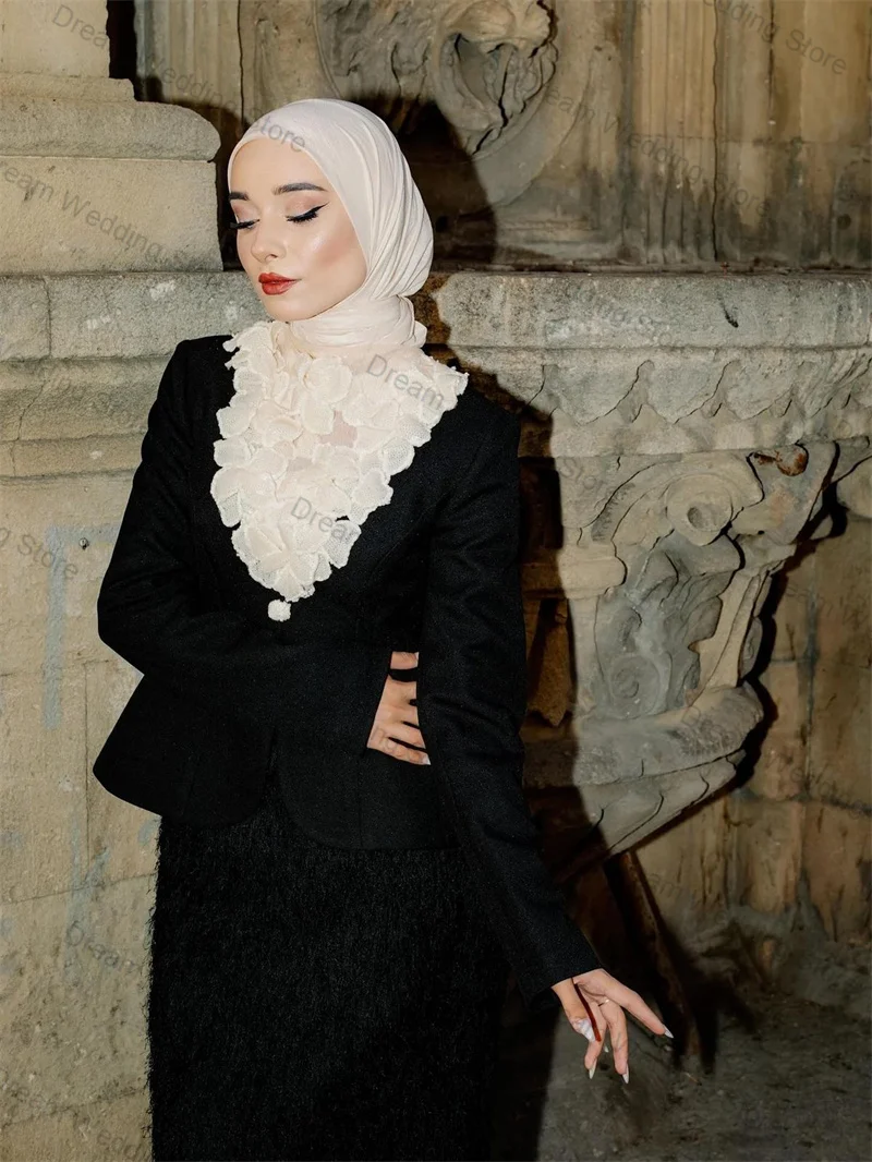 Black Women Suit Skirt Set 2 Pcs Blazer Prom Dress White 3D Flower Formal Office Lady Jacket Customized Wedding Tuxedos Coat