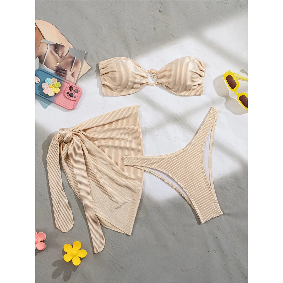 Mit Sarong, geripptem Bandeau-Bikini, Damen-Badebekleidung, dreiteiliges Bikini-Set, gepolsterter Badeanzug, Badeanzug, Schwimmbekleidung V7625 – Detail 5