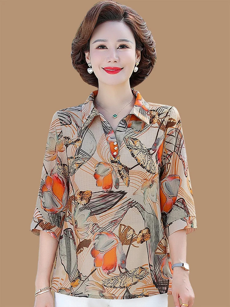 

Fashionable Summer Outfit Set Short Sleeve Women's Two-Piece Suit Middle-Aged And Elderly Spring Large Size Shirt Collar