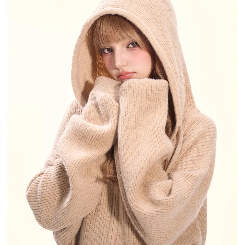 2025 Autumn New Khaki Hooded Zipper Women's Knitted Sweater Korean Retro Design Loose Slimming Wide-Leg Long Pants Set Ladies