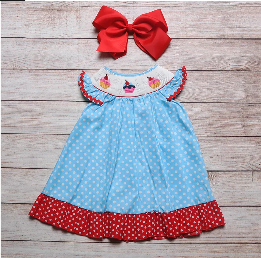 Boutique Hand Smock Summer Sleeveless Baby Girl Dress Jumpsuit White Round Neck Cake Blue Polka Dot Print Romper Kid Clothes