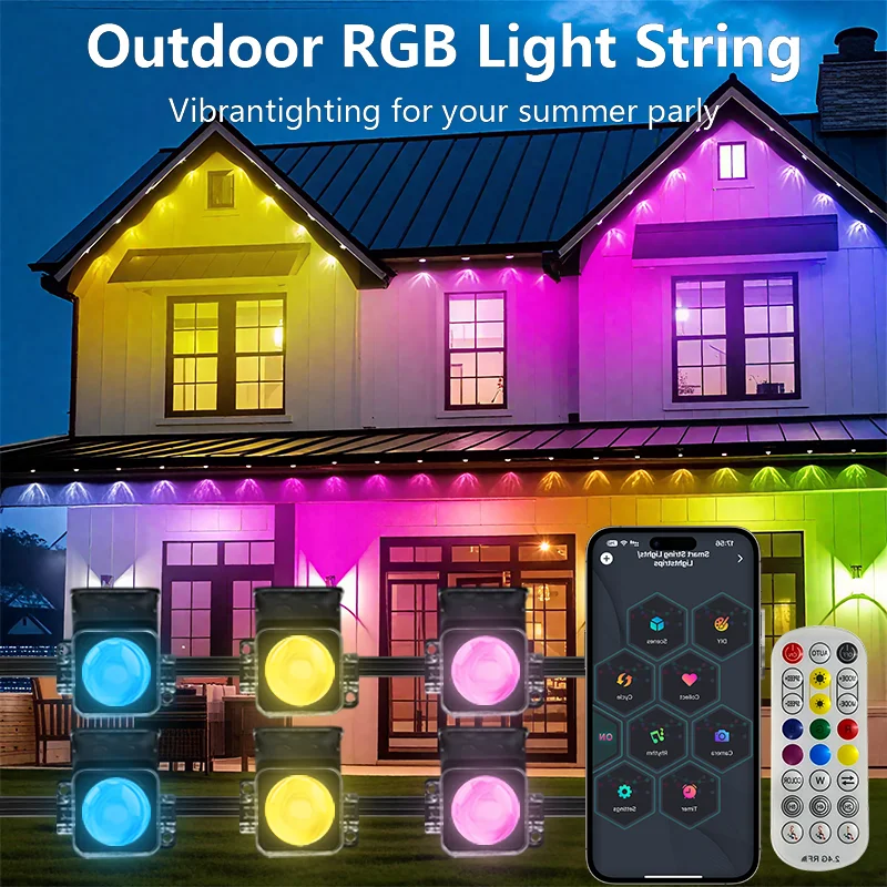 مصابيح LED دائمة للاستخدام الخارجي، 100 قدم 60 لمبة مقاومة للماء RGB، إضاءة حفلات مشهد عيد الميلاد DIY.