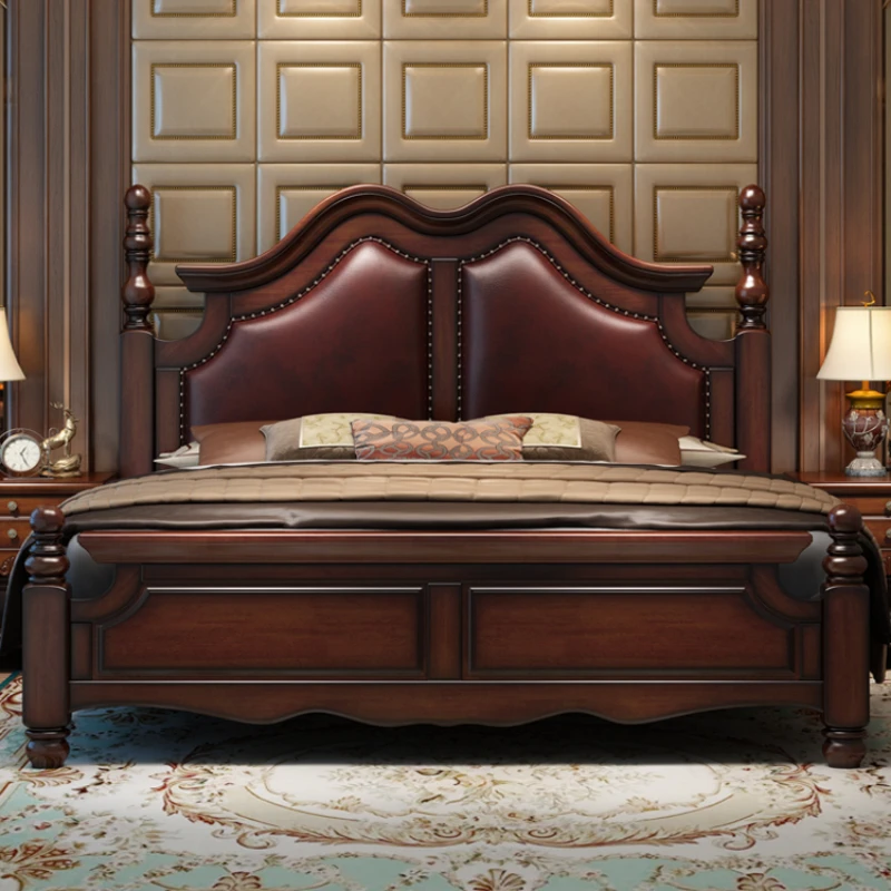 American style rural full solid wood double king bed 1.8m soft leather Roman column bed