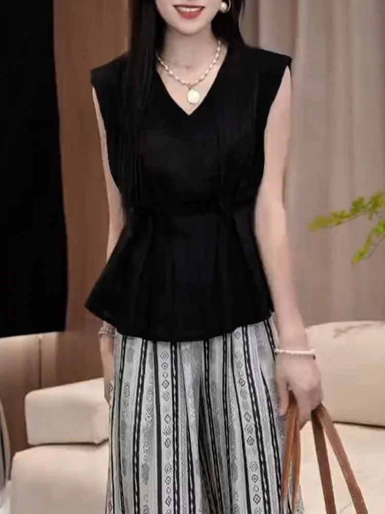 

Топ Ele Bla V-Ne Svel, модный универсальный топ больших размеров, летнее новое поступление, универсальный корейский топ для поездок на работу и ветер