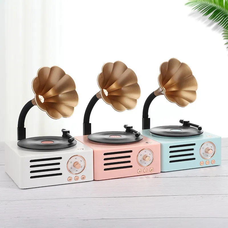 Retro Mini Gramophone Bluetooth Speaker Vintage Phonograph Style Audio Player With Flower Horn For Home Desktop Music Lovers