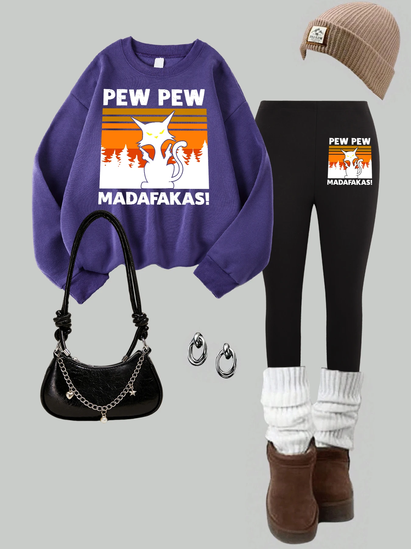 Pew Pew Madafakas 猫プリントプルオーバー女性 Y2K O ネックスウェットシャツセット秋厚みのあるレギンス快適なマルチカラーパンツ