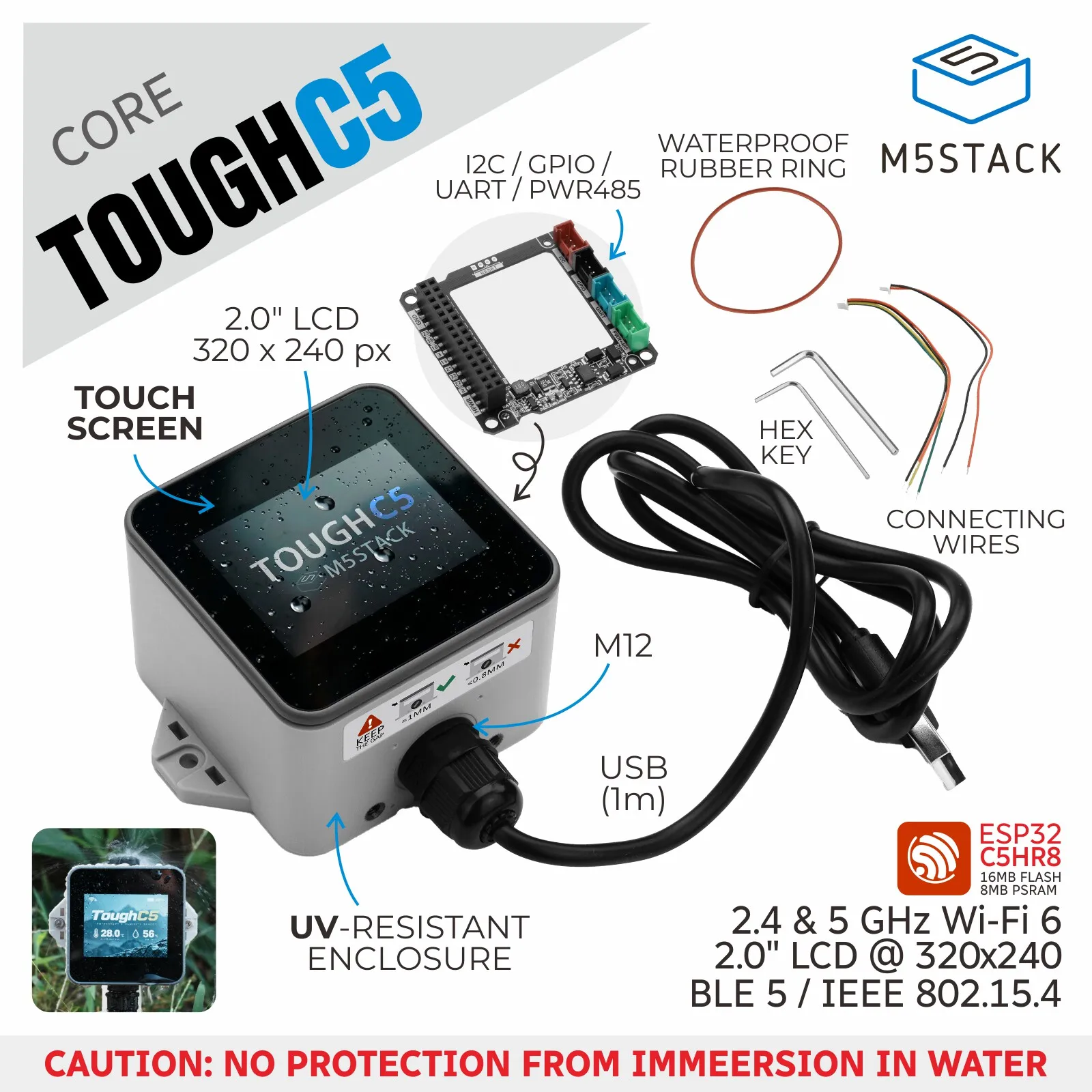 M5Stack ToughC5 Outdoor Controller Waterproof ESP32-C5 Touch Screen Dual Band WiFi6 240MHz Supports Arduino MicroPython