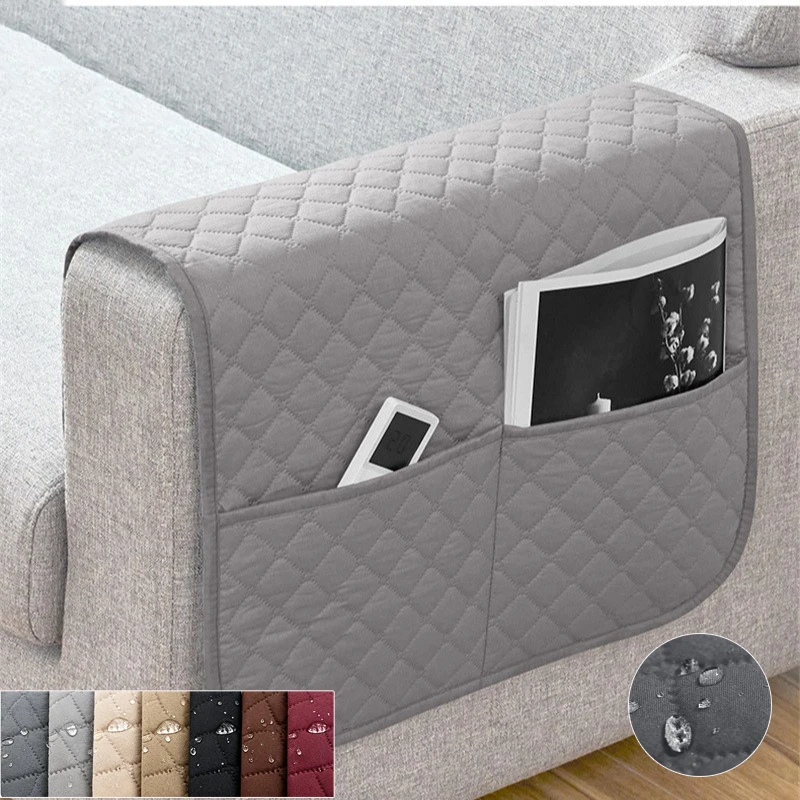 1pc Solid Waterproof Sofa Armrest Cushion with Storage Bag, Sofa Armrest Protective Cover, Sofa Armrest Cushion