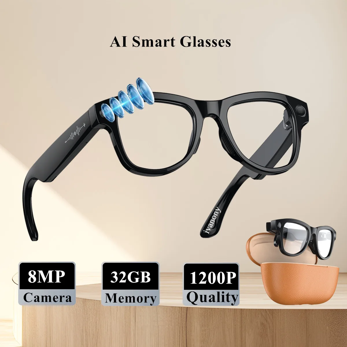 

Smart Glasses Video Camera 32GB Memory 8MP 1200P Video Recording WIFI Transmission Voice Call AI Object Recognition Eyeglasses