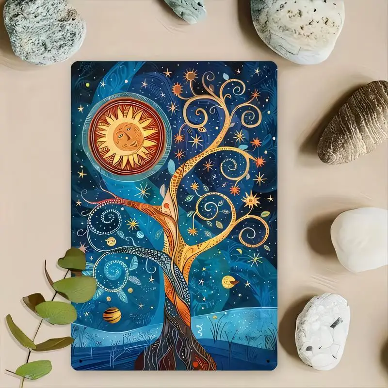 Blue & Gold Cosmic Tree of Life Metal Tin Sign - Whimsical Sun/Star Swirl Design, Bohemian Fantasy Wall Art for Home/Bedroom/Liv