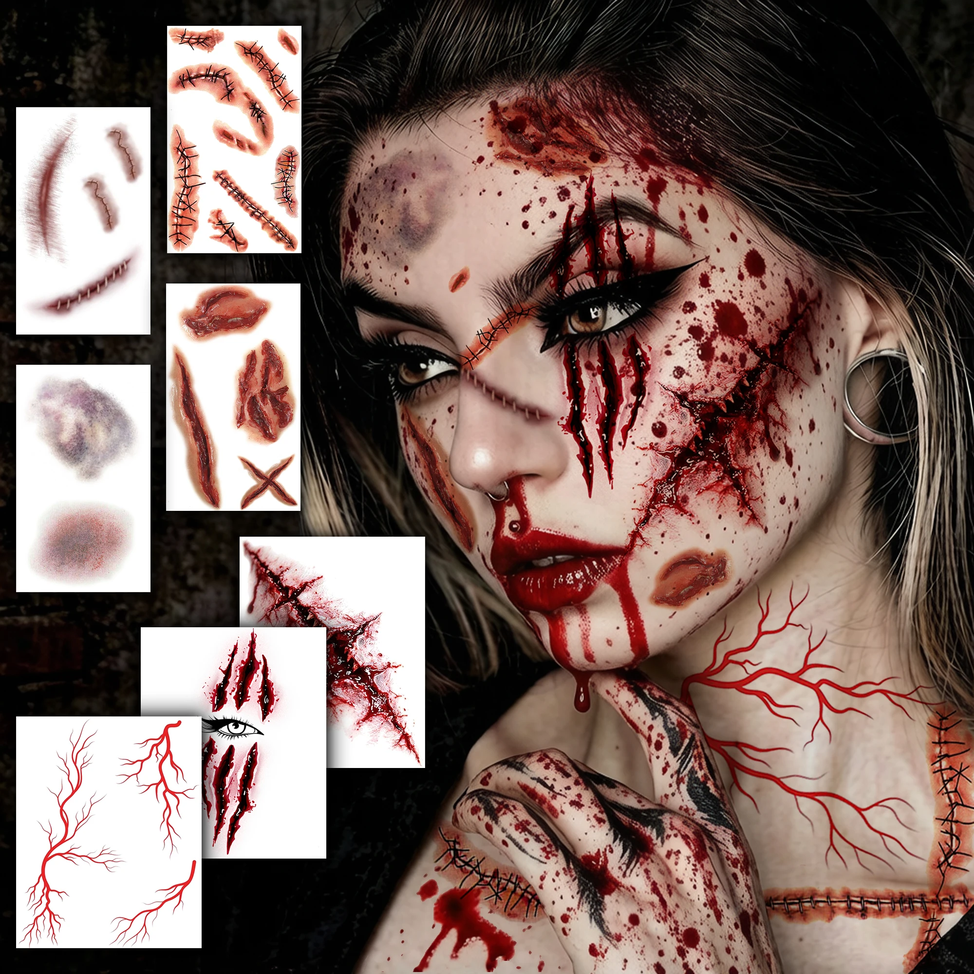 1 Sheet Halloween Realistic Horror Bloody Laceration Bruise Vein Wound Facial Temporary Tattoo Stickers, Waterproof Fake Tattoos
