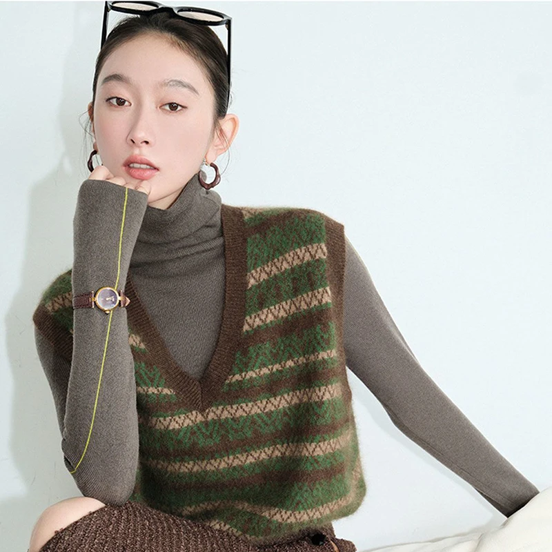 Korean Fashion Striped Knitted Sweater Vest Women 2023 Autumn Sleeveless V Neck Pullover Woman All Match Office Jumpers Female