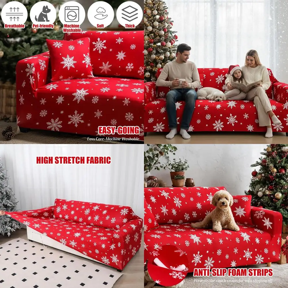 

Merry Christmas Stretch Sofa Cover - Washable Red Snowflakes Couch Protector with 3 Cushions for Festive Home Decor