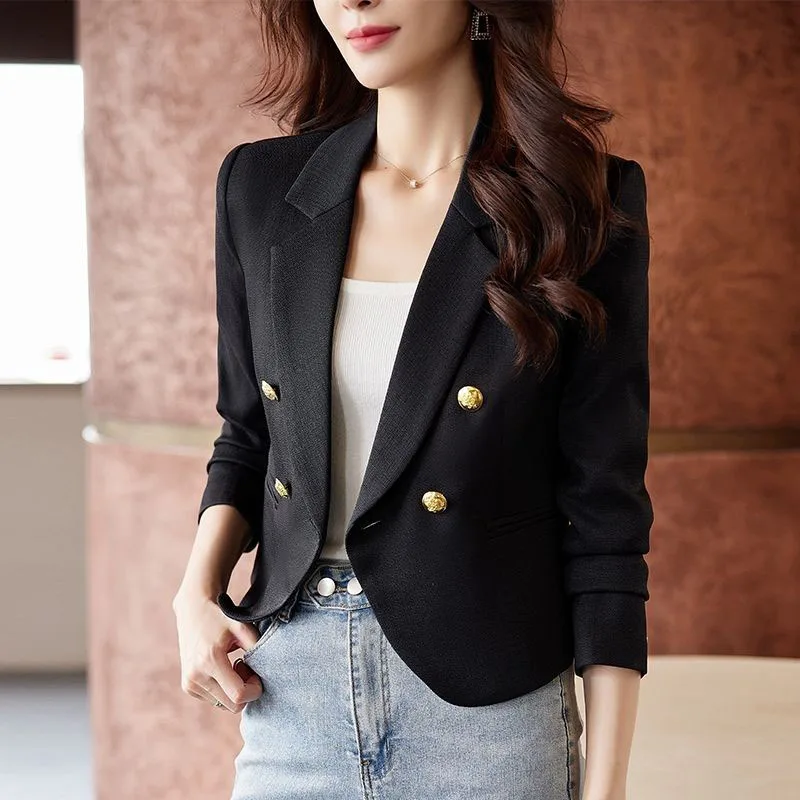 Fashion Double-Breasted Women Blazers Korean Notched Cropped Suit Jacket Ladies Casual Solid Long Sleeve OL Office Lady Blazer