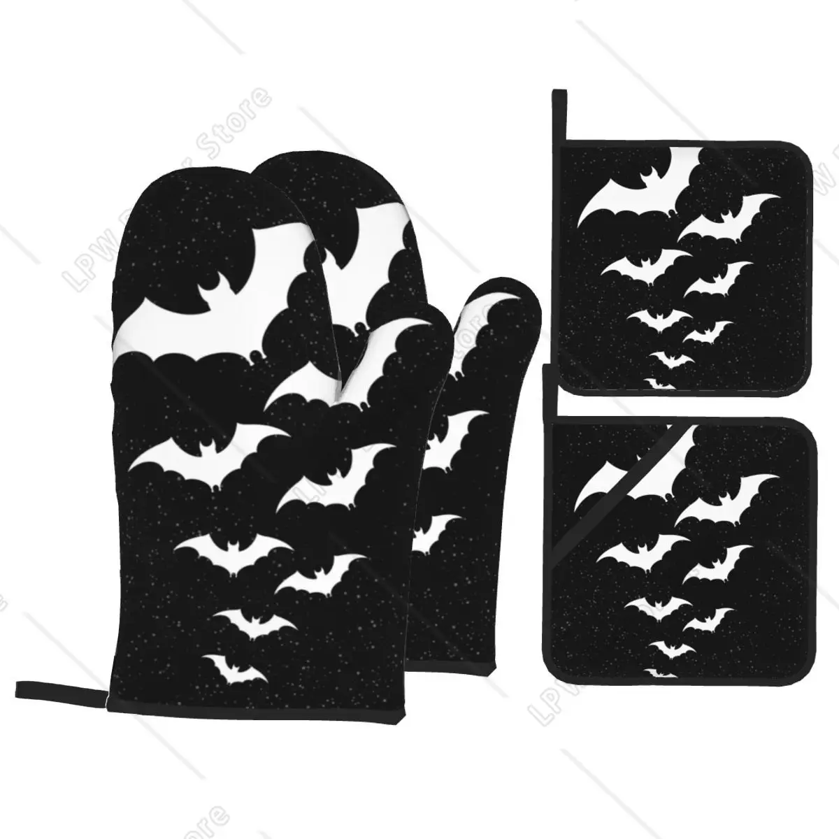 The Night Bats Oven Mitts and Pot Holders Sets of 4 Halloween Witch Heat Resistant Kitchen Gloves Potholders for Baking Grilling