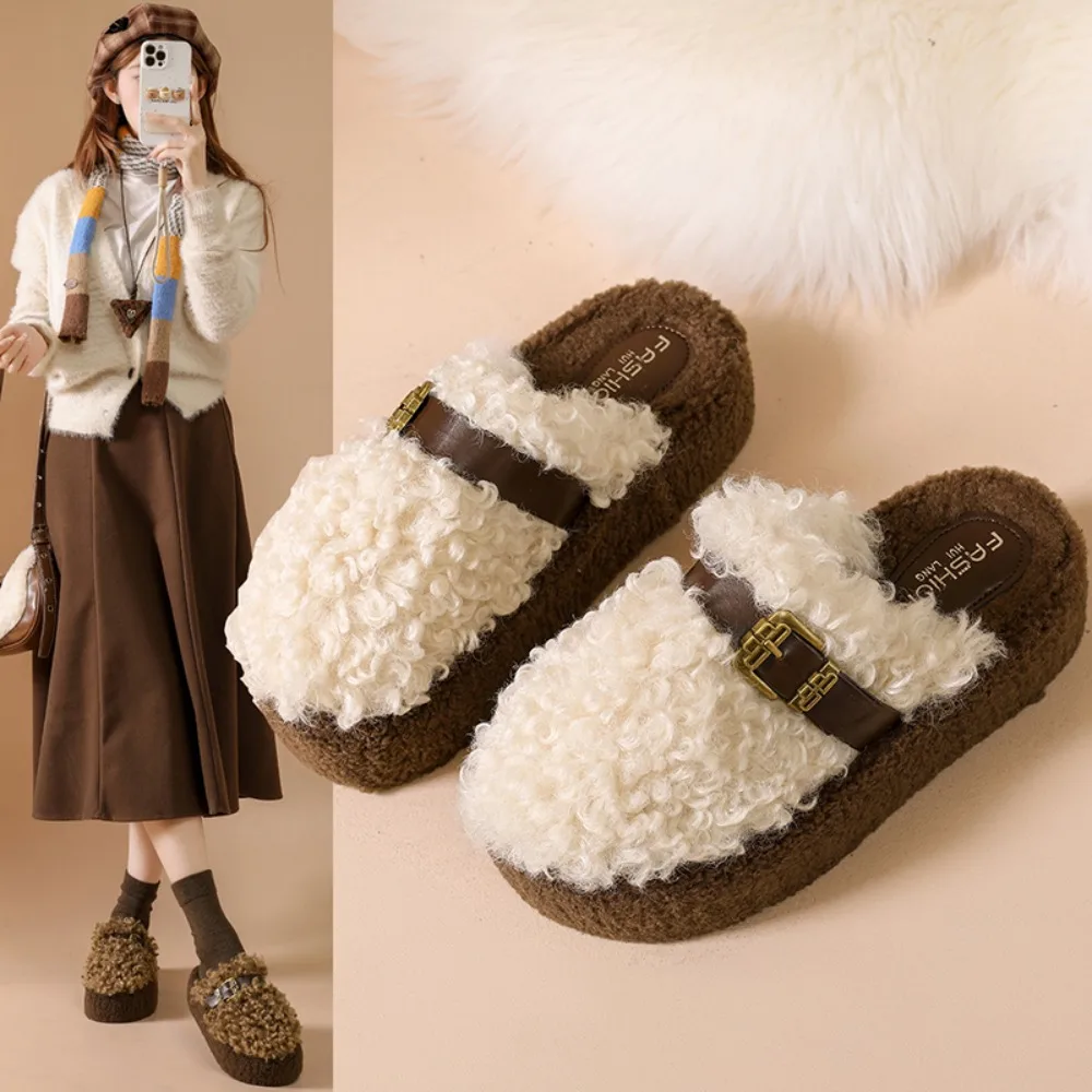 

Women's Slippers Thick-soled Alphabet Indoor Warm Comfortable Lightweight Bedroom Simple Winter Cotton Colorblock Buckle Shoes