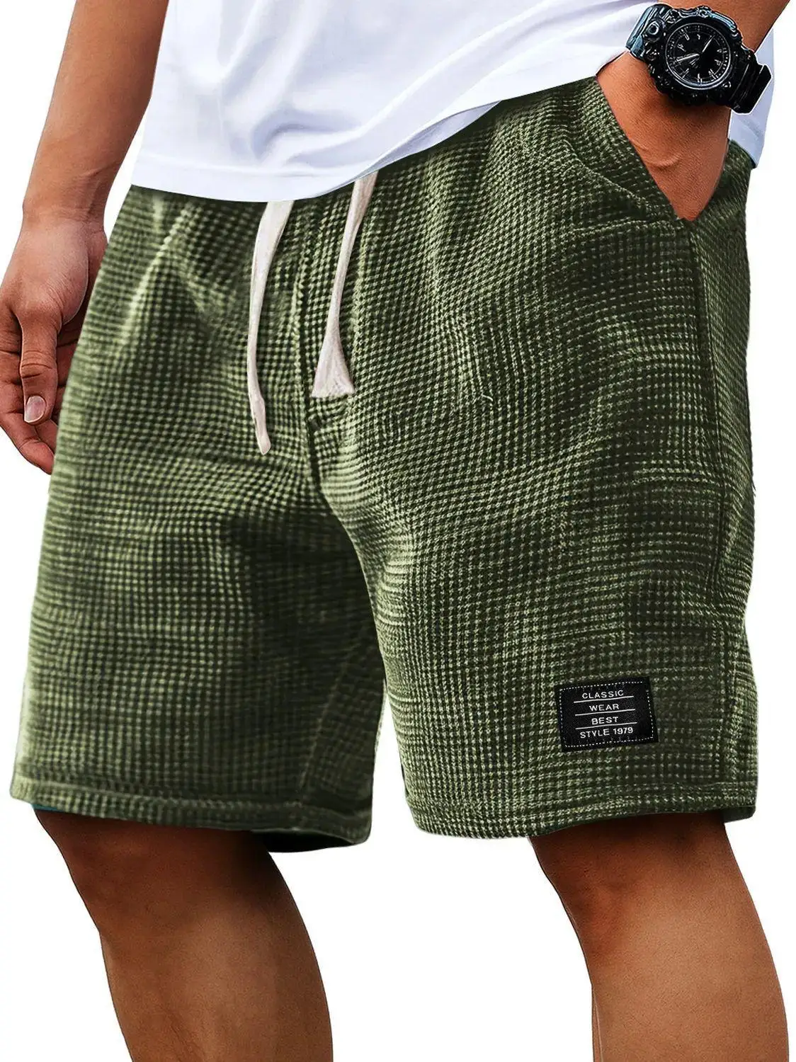 Herren-Shorts, einfarbig, mittlere Taille, Sommer, Waffelstruktur, tiefer Schritt, Kordelzug, lockere, knielange, lässige Shorts – Detail 15