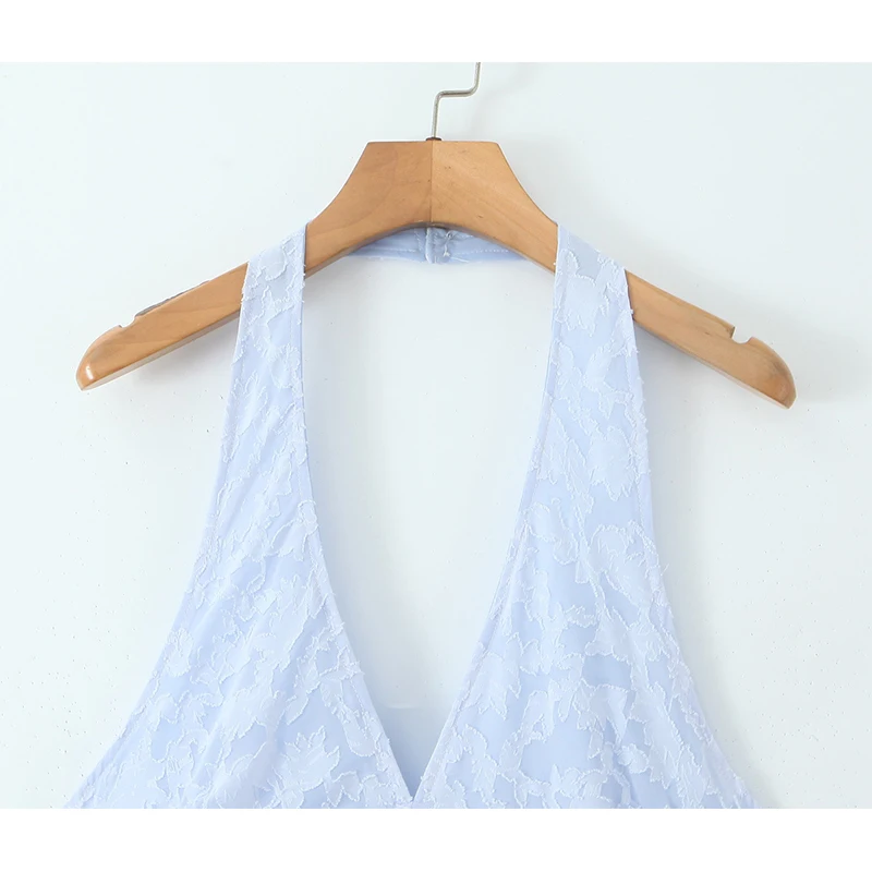 Elegancka damska niebieska żakardowa sukienka na wakacje z dekoltem w szpic Seksowna sukienka bez pleców z niską talią A-line Kobiece letnie sukienki High Street Party Robe