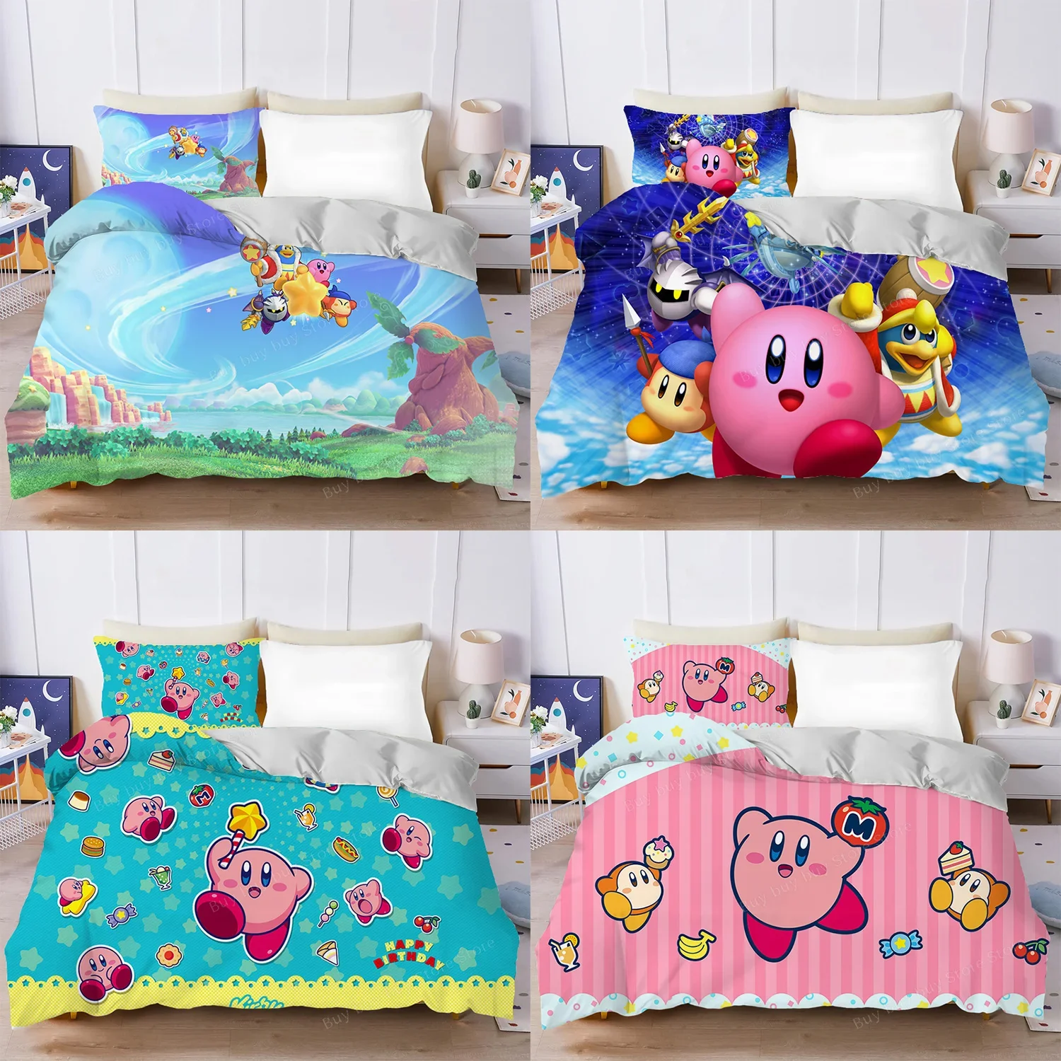 

Kirbys Bedding Set Cute Cartoon Quilt Duvet Cover Pillowcase Suit 2pcs Beddings Anime Adult Children Bedroom Decoration Gifts