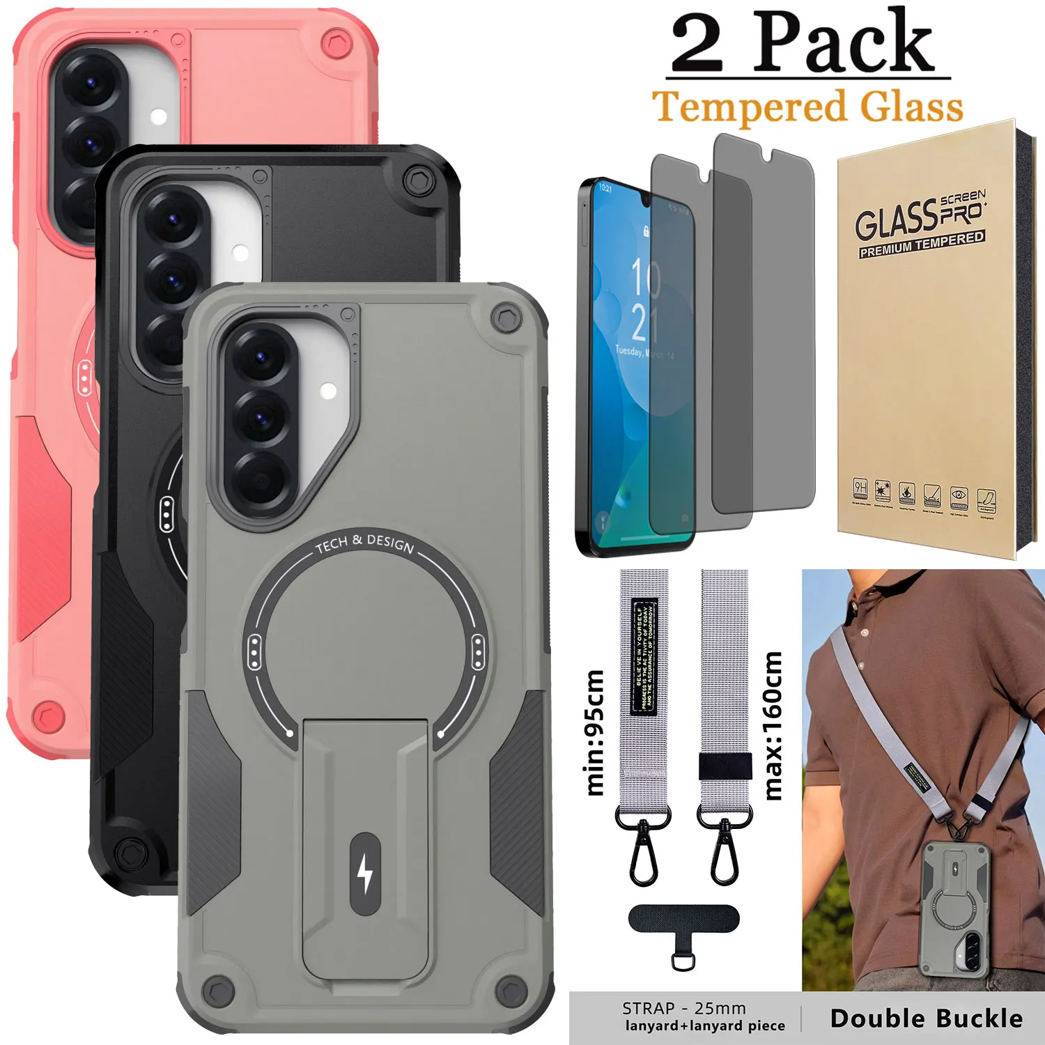 

For Samsung For Galaxy A17 Magnetic Shockproof Case Stand Cover + Phone Chain +2PCS Privacy Tempered Glass Screen Protector