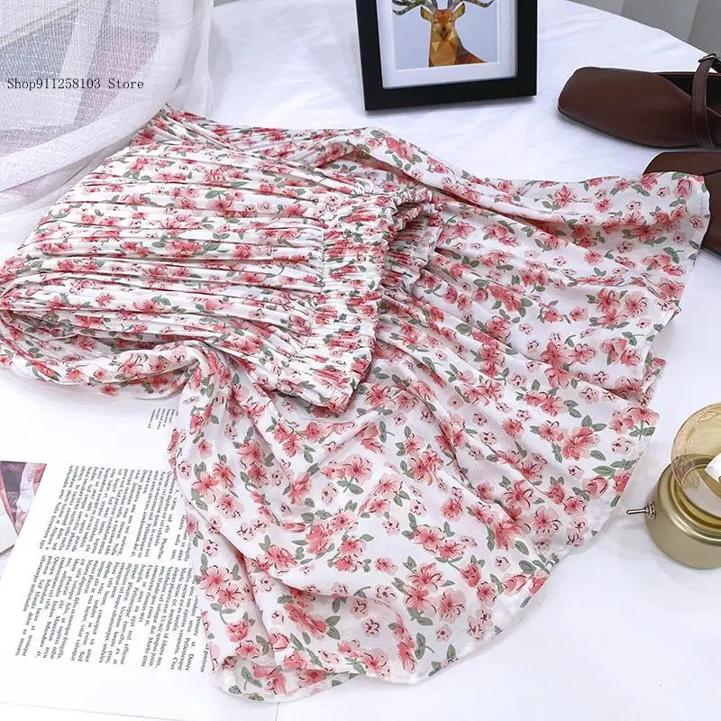 Summer Chiffon Beach Boho Maxi Women Skirt High Waist Floral Print Vintage Holiday Ruched Long Skirts Faldas