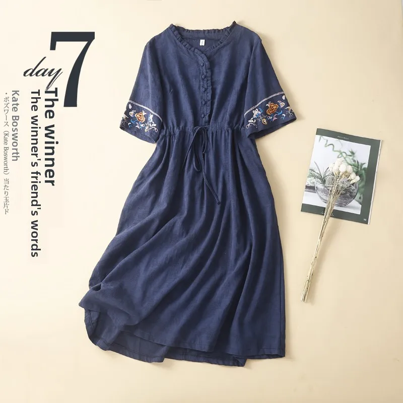 Retro japonês algodão linho Dr feminino solto Ele bordado anti-envelhecimento longo verão Dr cor pura commute Sle V-Ne...