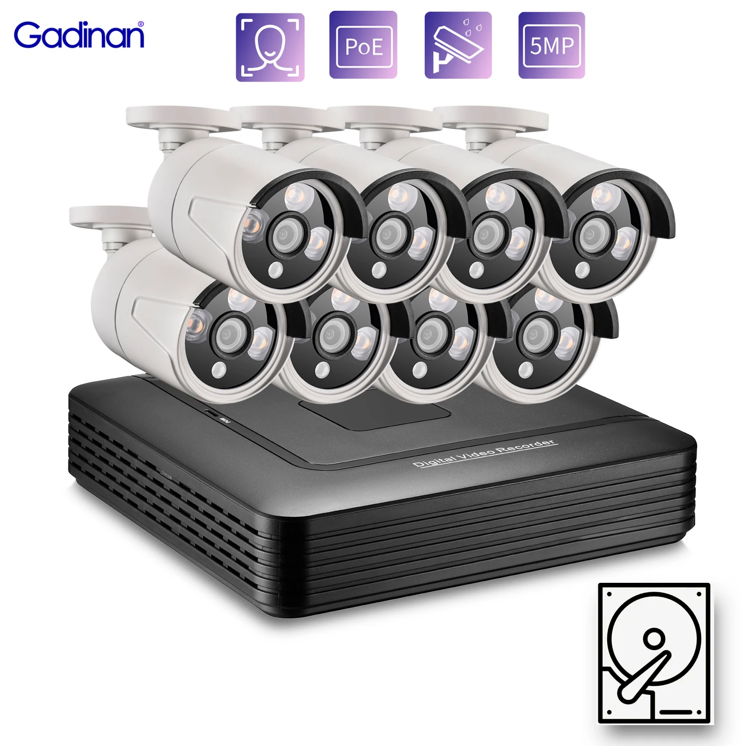 

Gadinan HD H.265 CCTV System Face Detection Outdoor Bullet 5MP IP Camera 8CH POE NVR Video Surveillance Kit Security Protection