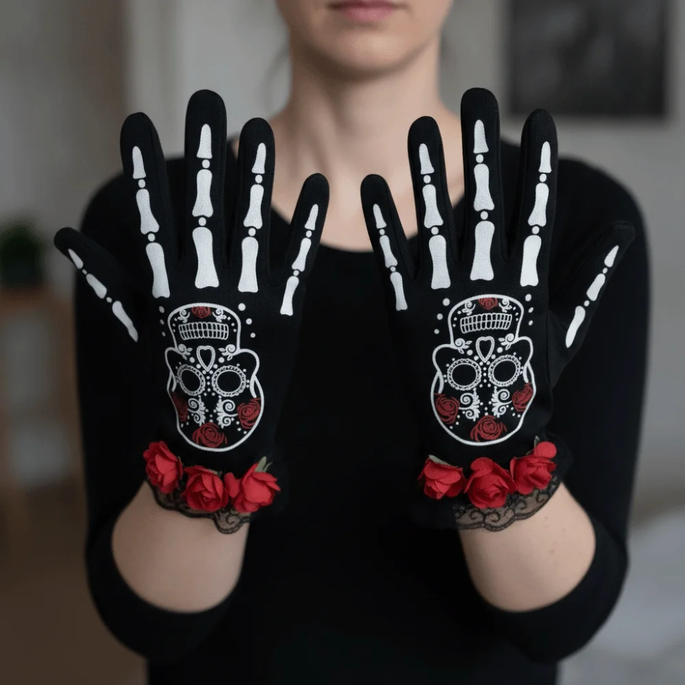 Rose Flower Design Lace Mesh Mittens Luminous Winter Warm Halloween Cosplay Gloves Punk Style Halloween Gloves