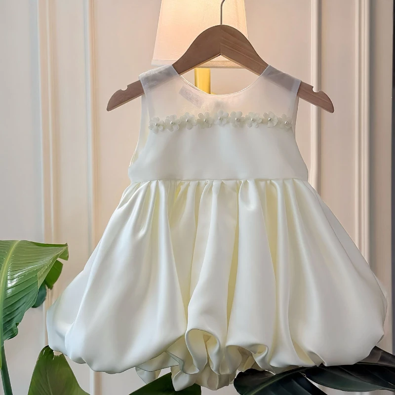Baby Girl First Birthday Ivory Gown Kids Flower Girl WeddingSimple Fashion Pageant Costum Princess Dress White Satin Floral