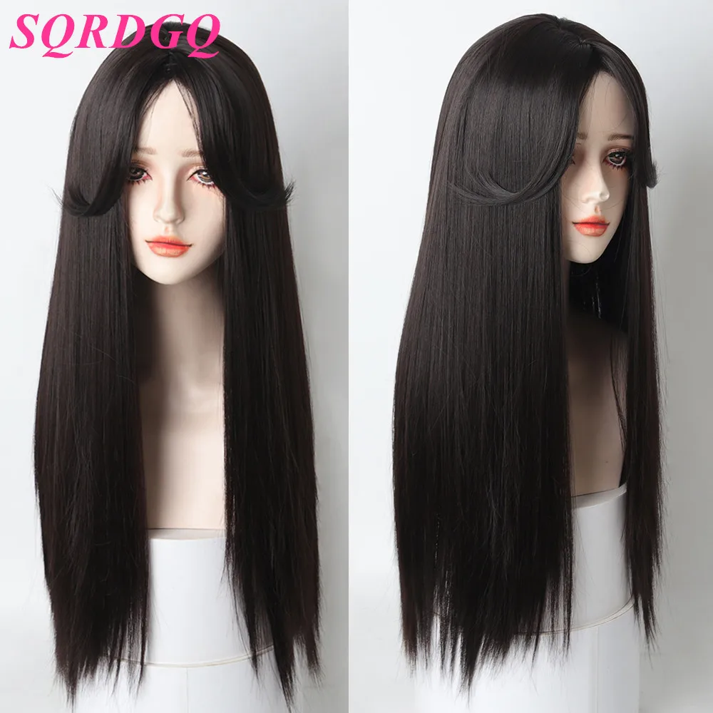 

SQRDGQ Daily Party Woman Wigs Synthetic Straight Hair Brown Black Wig With Bangs 28inch High Quality Women's Wigs