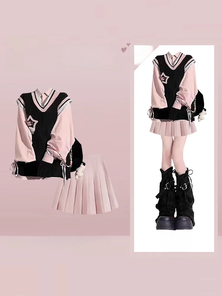 

Stylish Knitted Vest Shirt Pleated Skirt Three Piece Set Women's Autumn College Style Fashion Ensemble Ageless Elegant Quality