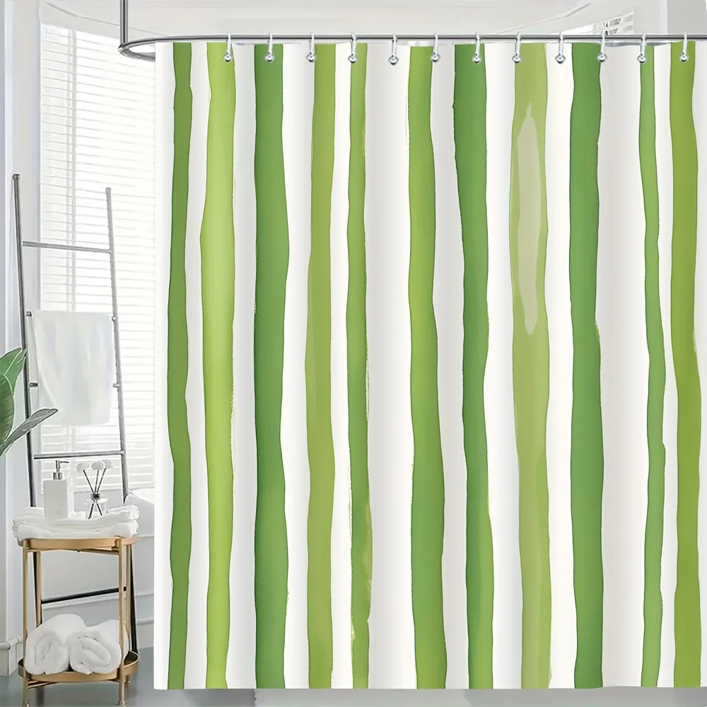 

Green Stripes Shower Curtain Hooks 2D Flat Print White Background Watercolor Effect Uneven Widths 180x180cm71x71in