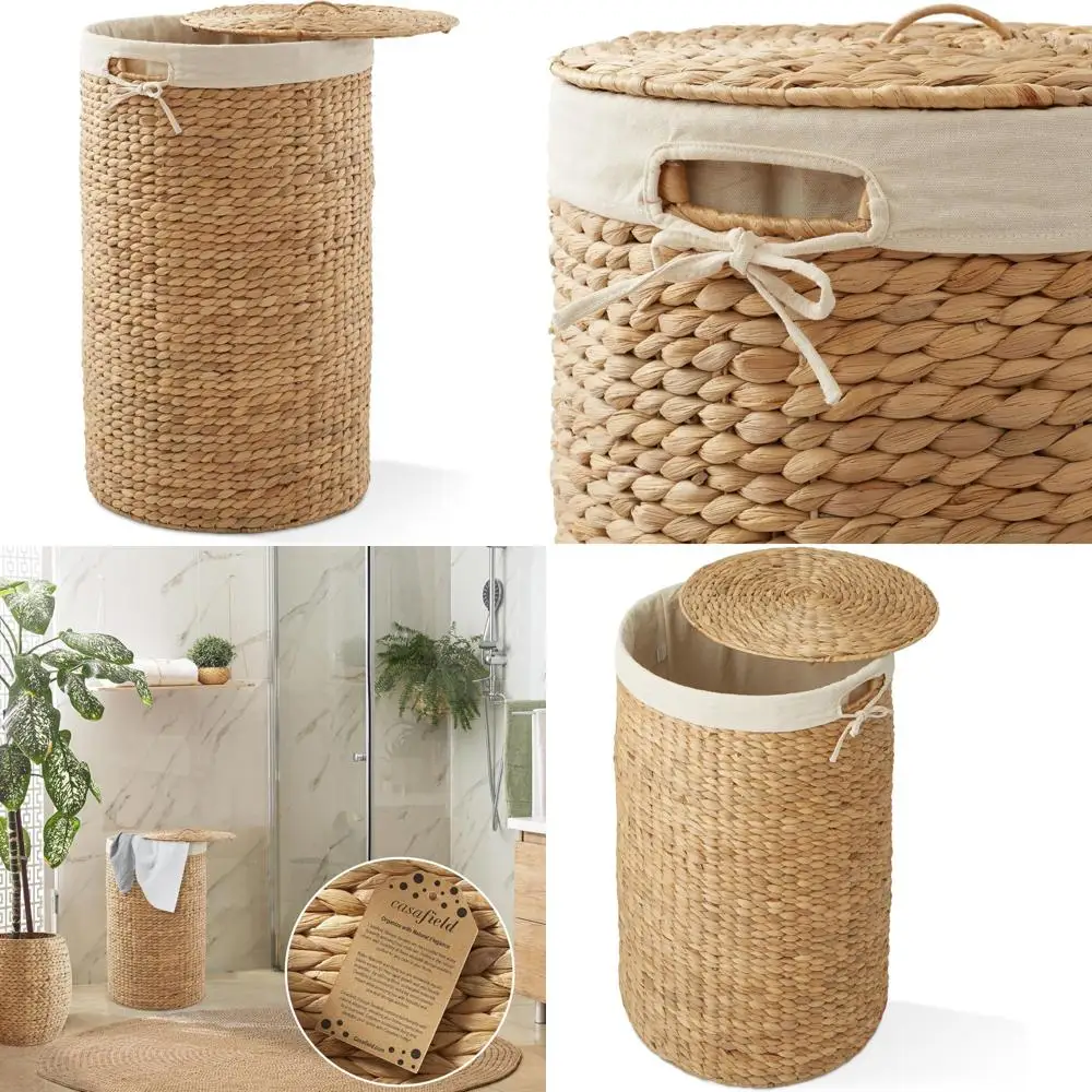 

Casafield Round Laundry Hamper with Lid and Removable Liner Bag - Natural, Woven Water Hyacinth Wicker Laundry Basket for Clothe