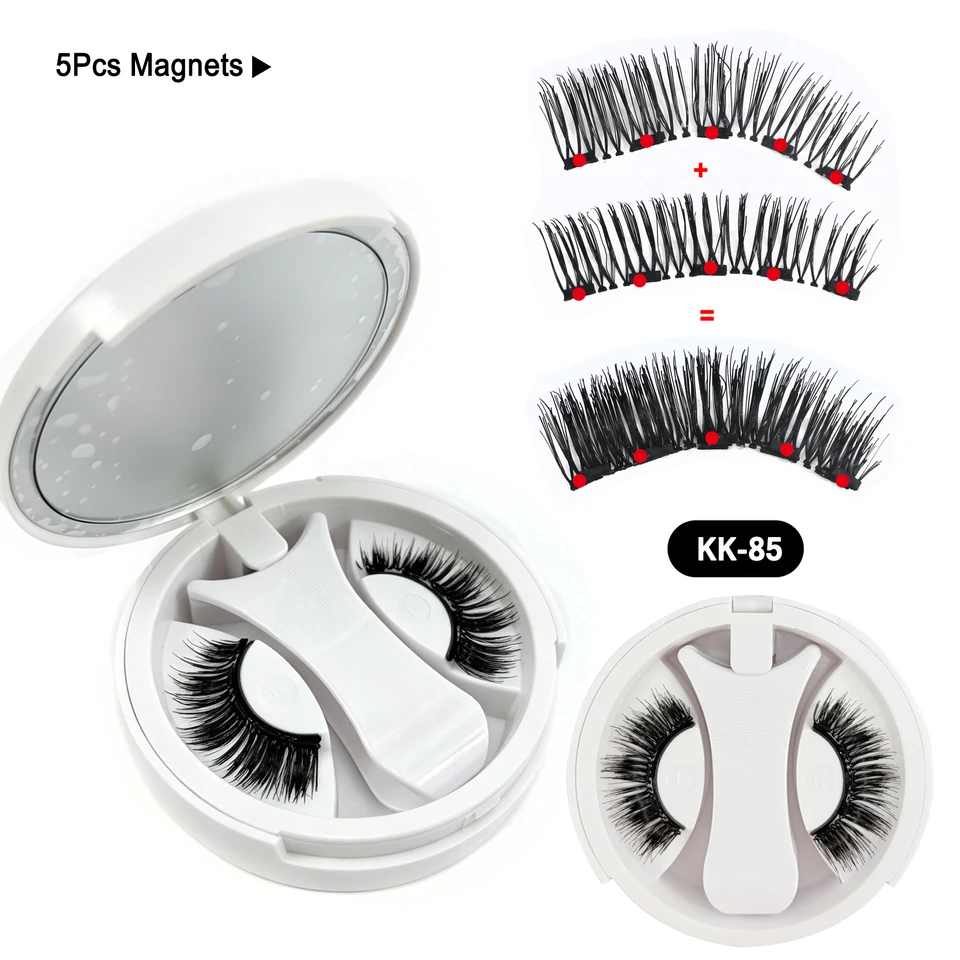 5 imanes sin pegamento pestañas magnéticas 3D esponjosas de pelo sintético con estuche de espejo y aplicador 5
