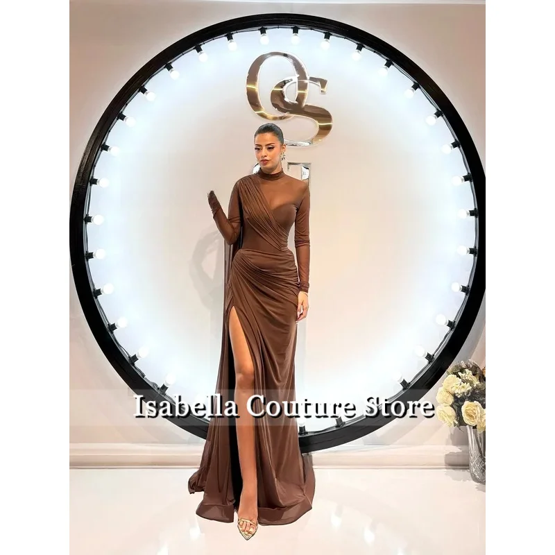 브라운 쉬폰 이브닝 드레스 하이 넥 풀 슬리브 인어 댄스 파티 드레스 섹시한 사이드 슬릿 아라비아 파티 드레스 맞춤형