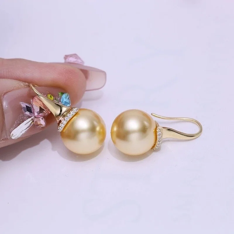 A Pair of Exquisite AAAA oversized 10-11mm South Sea round Gold Pearl Earrings 925s Sterling Silver Post Backs