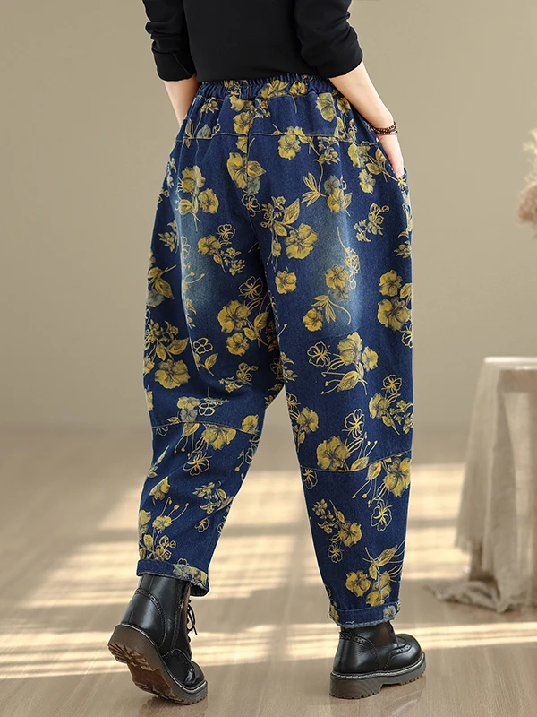 레트로 프린트 루즈핏 대형 사이즈 하란 팬츠 여성 패션 봄 2026 맞춤형 편안한 면 혼방 바지