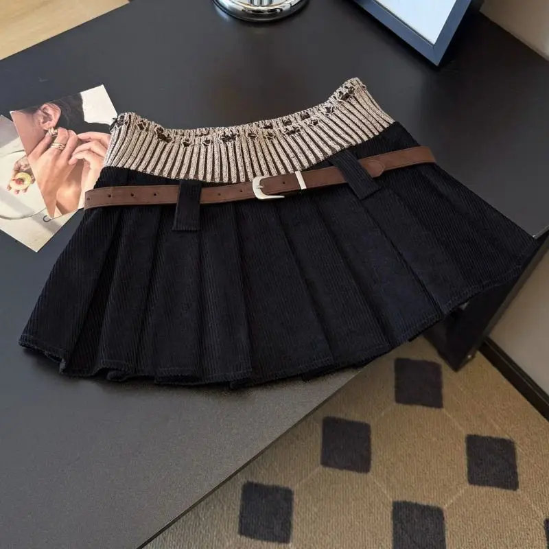 Mini jupe Vintage en velours côtelé pour femmes, ceinture Y2K, Patchwork, jupes plissées noires, Sexy, Gyaru, Harajuku Grunge, ligne A, nouvelle collection hiver