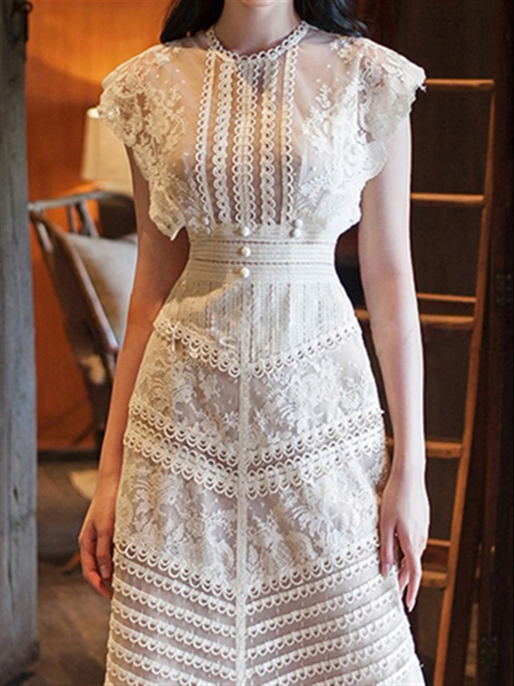 High Waist Embroidery Lace Short Sleeve Elegant Birthday Dress for Women Party Dresses Woman Vintage Evening Maxi Vestido Spring