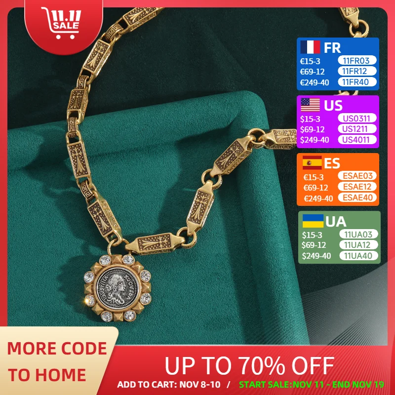 

Vintage Antique Gold Color Coin Pendant Necklace Woman Bamboo Retro Rhinestone Luxury Brands Jewelry Designer Gift Party New