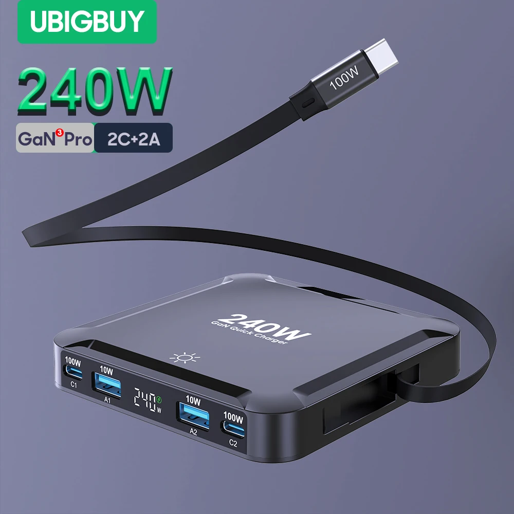 Ubigbuy Stazione di ricarica rapida con display digitale per caricabatterie GaN da 240 W con cavo retrattile USB C da 100 W per iPhone 17 Samsung MacBook