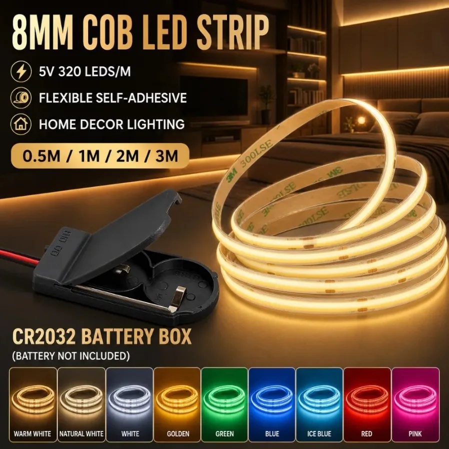 8mm PCB 320LEDs/M COB LED Strip 5V Red Green Blue Flexible Tape With Button Battery Case Bedroom Party Closet Decor 0.5/1/2/3M
