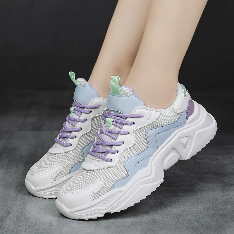 

Casual Chunky Sneakers Women Fashion Girls White Sneakers Breathable Lace Up Platform Comfortable Lightweight Mesh Shoes