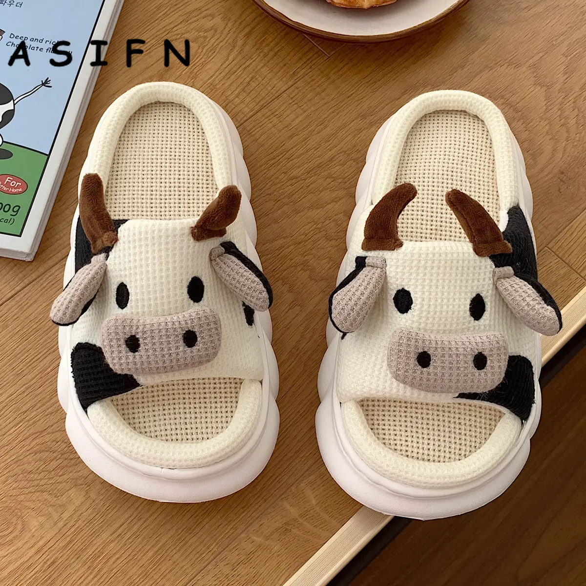 ASIFN Girls Milk Cow Cushion Slippers Women Home Slides Fluffy Winter Warm Cartoon House Cute Funny Shoes Zapatos De Mujer