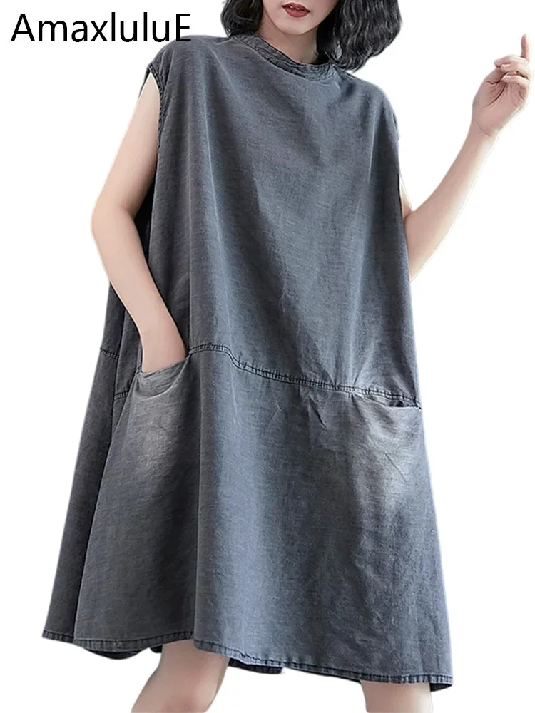 Amax luluE 2026 Summer Womens Fashion Sleeveless Loose Denim Mini Dresses Ladies Luxury Casual Vintage Oversized Cotton Vestidos