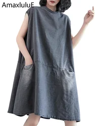 Amax luluE 2026 Summer Womens Fashion Sleeveless Loose Denim Mini Dresses Ladies Luxury Casual Vintage Oversized Cotton Vestidos