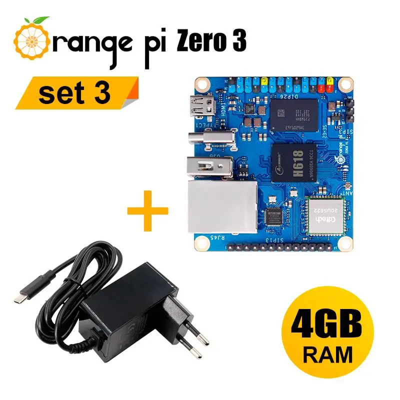 Top Orange Pi Zero3 4G + 5V3A Type C Power Supply Allwinner H618 64bit USB2.0 WiFi5 BT5.0 Gigabit Port Single Development Board