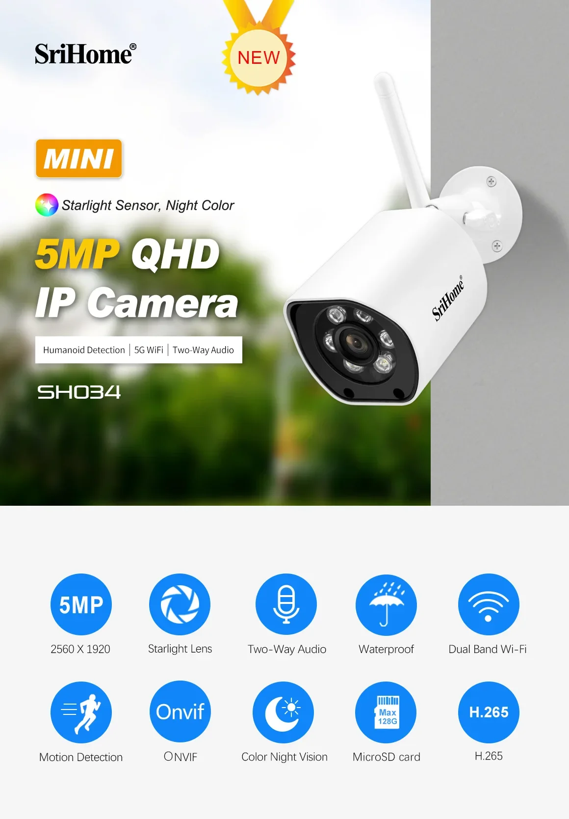 SriHome SH034 5MP IP Camera 2.4G+5G WiFi/PoE/Onvif Human Detection Audio Security Video Night Surveillance Camera HDR Len Cam