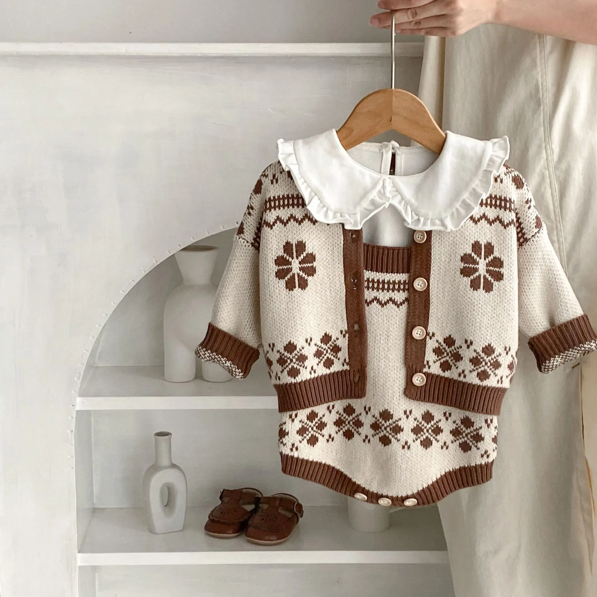 MILANCEL 2024 Autumn Baby Knitted Clothes 0-3Y Girls Jacquard Knitted Bodysuit Infant Suspenders One Piece Optional Sweater Coat